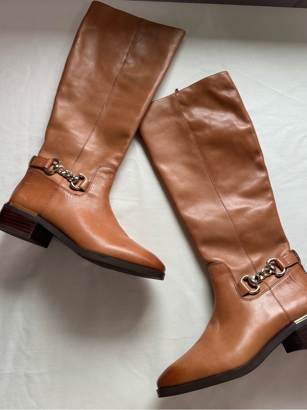 Aldo Women’s Size 8 Tan Tall Calf Riding Boots Horsebit Chain Block Heel